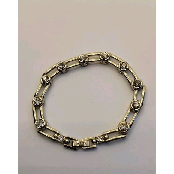 Napier Gold Link Bracelet Round Clear Stone 7" Great Condition Fast Shipping - Picture 7 of 11